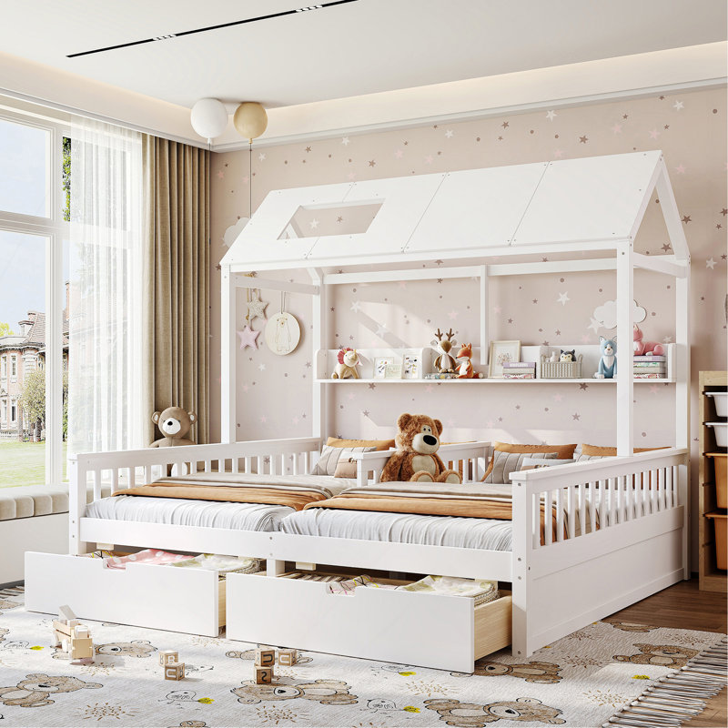 Lit plateforme simple double avec tablettes et tiroirs de rangement, lit plateforme avec lattes de soutien, conception enfantine et maisonnette