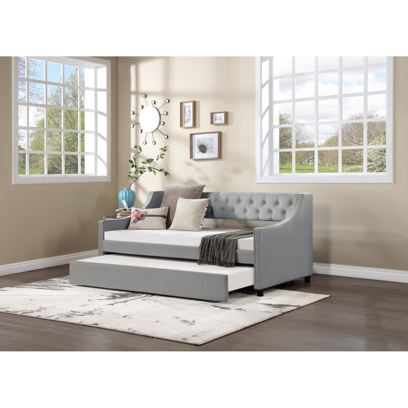Twin Size Upholstered Daybed With Trundle,Sturdy Wood Bedframe W/ Bedframe Tufted Button & Copper Nail On Arms Design,Perfect For Bedroom,Guest Room Furniture,No Box Spring Needed