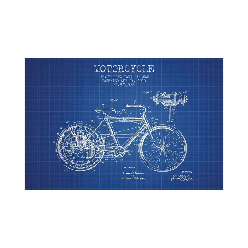 Floyd Bingham Motorcycle Patent Sketch (Blue Grid) by Aged Pixel - Wrapped Canvas Gallery-Wrapped Canvas Giclée