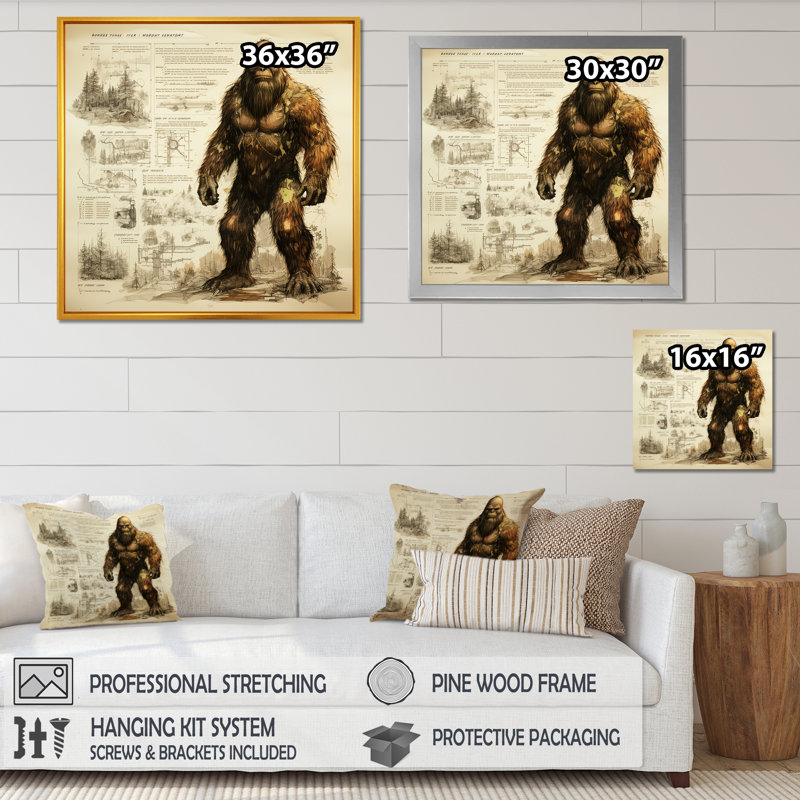 Mystical Bigfoot Blueprint II - art mural Bigfoot, H 30 po x l 30 po x P 1,5 po, Toile tendue