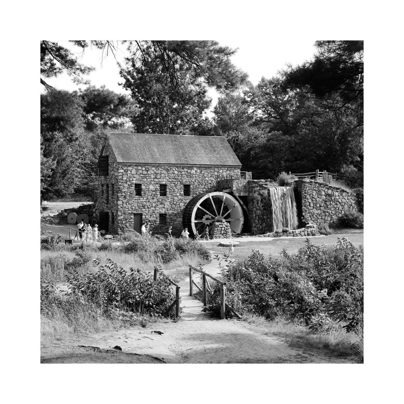 1960s People Tourists Visiting Rustic Grist Mill with Stone Structure Waterfall and Waterwheel Sudbury Massachusetts USA 1 Piece Wrapped Canvas Wall Art