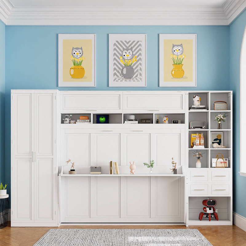 Système de lit mural grand format avec placard intégré, tablettes et tiroirs - Solution de rangement compacte en blanc, Blanc