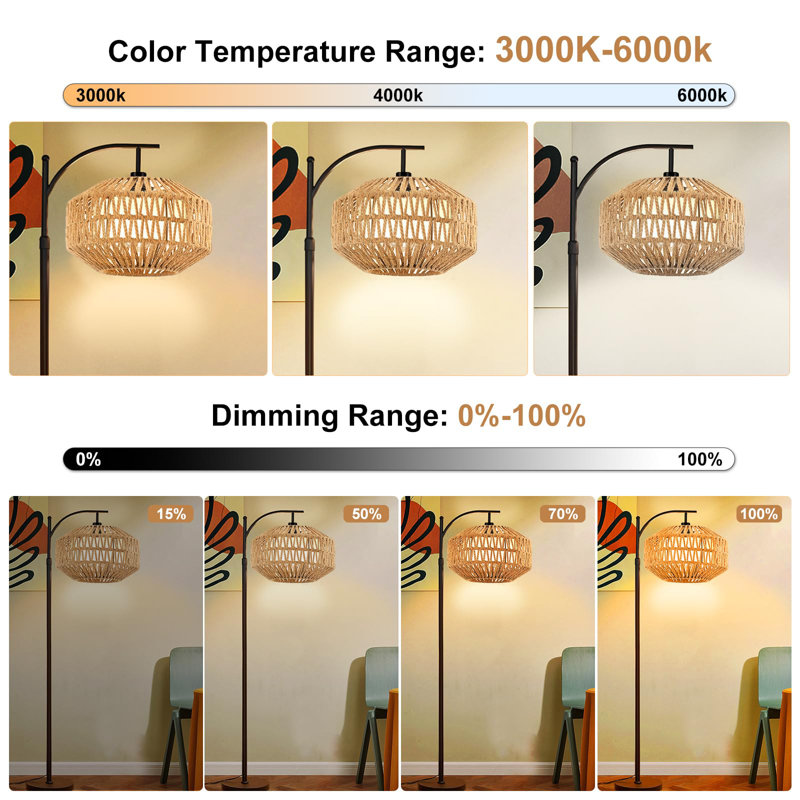 Boho 72'' Black Iron and Rattan Floor Lamp with Adjustable Height