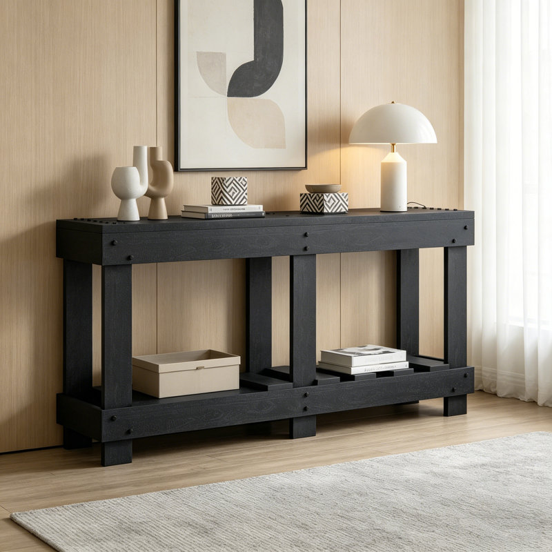 62.9 Inch Vintage Fir Wood Entryway Table With Thick Top & Reinforced Legs, Black