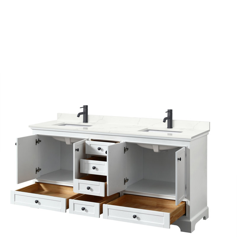 Ensemble de meuble-lavabo double 60 po avec comptoir en quartz Deborah, Quartz Giotto, Blanc, Or brossé