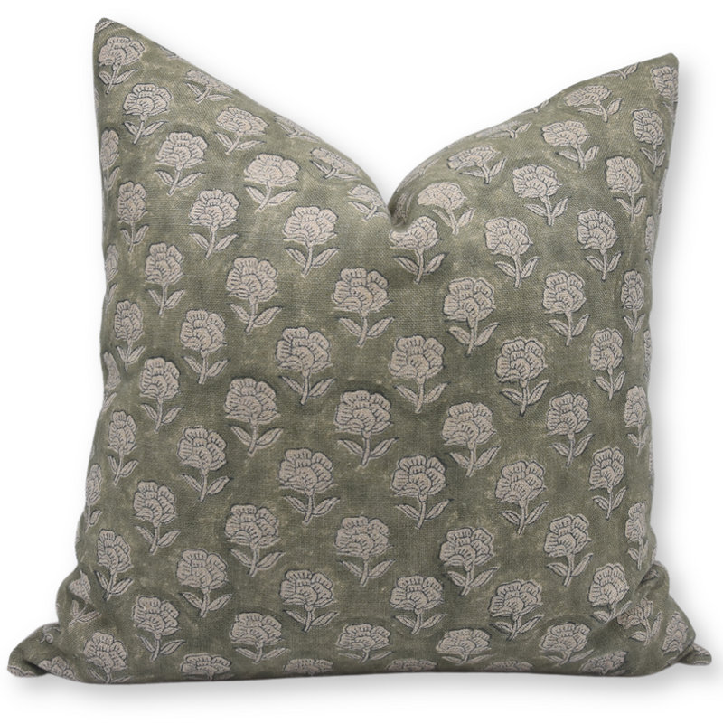 Fabdivine Rohini Flower Block Print Pillow Cover Thick Linen Decorative Cushion 24X24 Inch, 24" x 24"