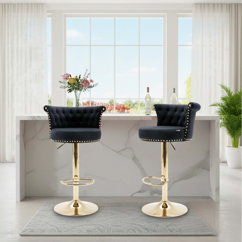 Modern Glam Set of 2 Tufted Velvet 360° Swivel Adjustable-Height Bar Stools with Gold Nailhead Trim for Kitchen Island and Home Bar