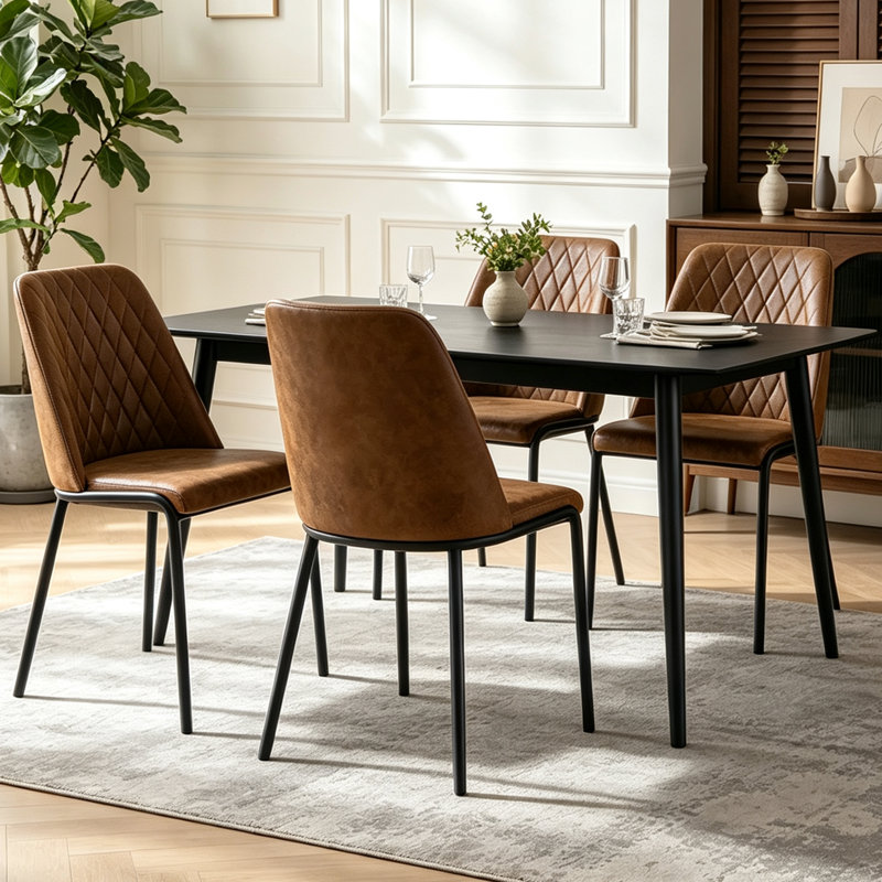 49cmH Modern Linen/Suede Diamond Quilted Upholstered Dining Chairs with Black Metal Legs (Set of 2/4), Brown Suede, 4