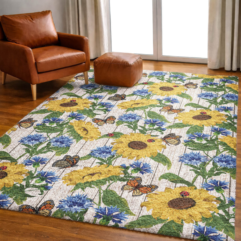 Premium Machine Washable Dream Shag Sunflowers/Butterflies Rug, 8' x 10'