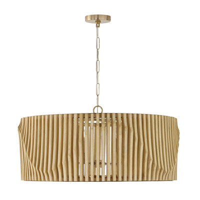 Luminaire suspendu 6 lumières l 32,25 po x H 14,5 po en laiton mat et bois de manguier blond fabriqué à la main