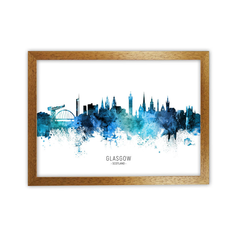 Glasgow Scotland Skyline Blue City Name by Michael Tompsett - Print, 46cm H x 63cm W x 3cm D, Oak Framed