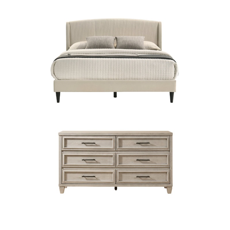 Jolande Contemporary 2 Pieces Bedroom Set, 2 Pcs: Bed, Dresser, Queen