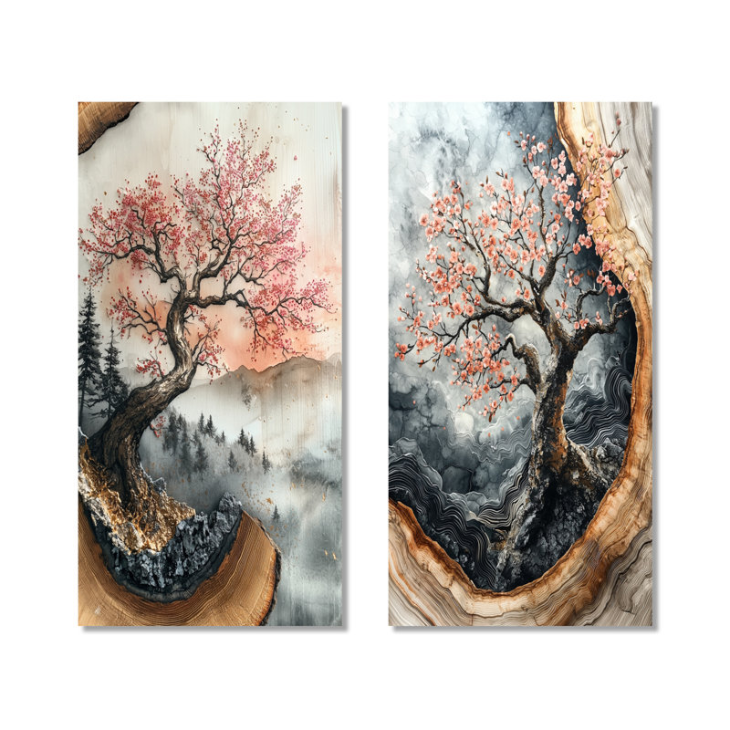 «Cherry Blossom Tree Serenity Beneath the Blossoms» - ensemble d'art mural en métal rose nature, 40" H x 40" W