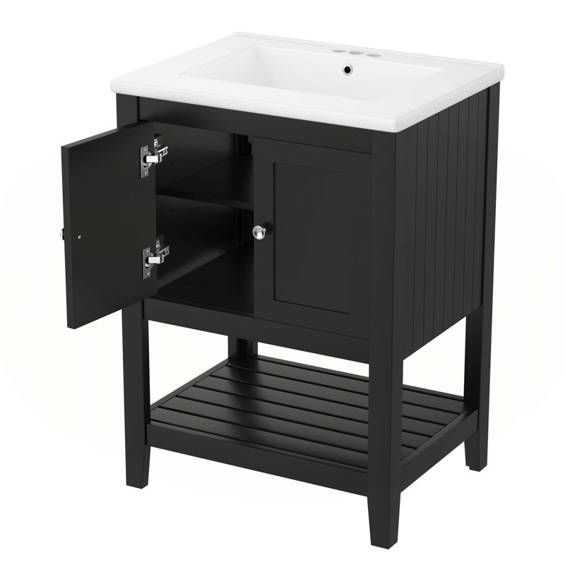Meuble-lavabo moderne avec lavabo en céramique élégant et rangement spacieux, Noir, noir, noir, noir