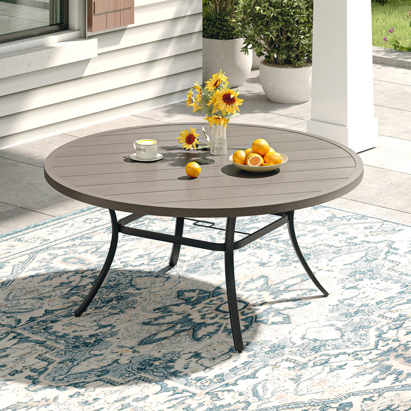 Table de salle à manger ronde en métal avec trou pour parasol, Bois gris / noir, L 53 po x L 53 po x H 28 po 