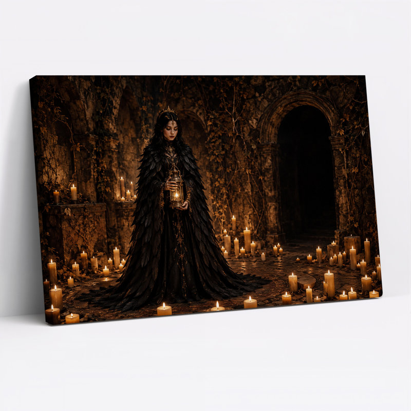 Femme fantastique sombre tenant une lanterne à la lueur des bougies, art mural sur toile pour l'Halloween, H 20 po x l 30 po
