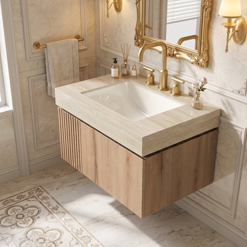 30'' Wall Mounted Single Sink Bathroom Vanity with Solid Surface Top, White Oak