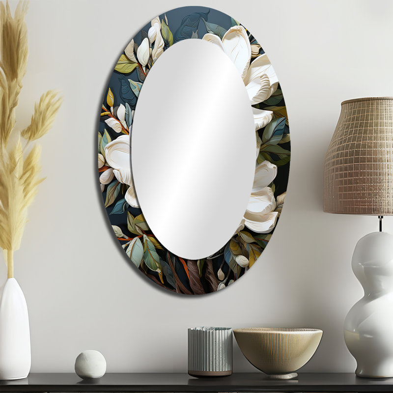 Miroir mural ovale blanc et jaune Magnolias, 36 po x 24 po