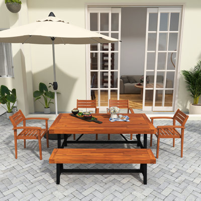 Ensemble de salle à manger en bois pour 7 à 8 personnes avec coussins amovibles, chaises ergonomiques et banc, table robuste pour patio, jardin, naturel