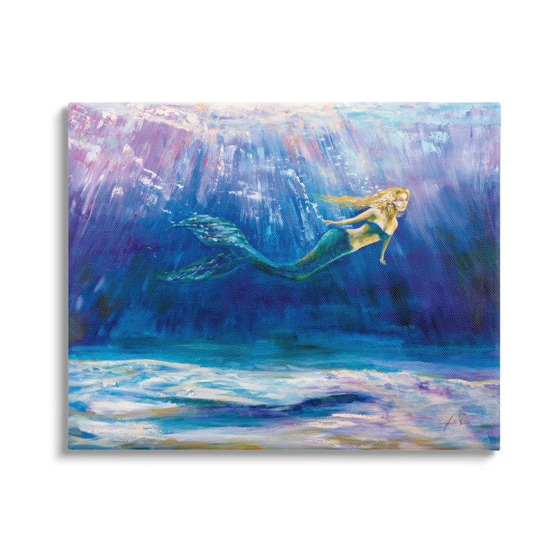 «Sirène nageant dans l'eau bleue profonde» par Jeanette Vertentes - peinture sur toile tendue, H 24 po x l 30 po x P 1,5 po