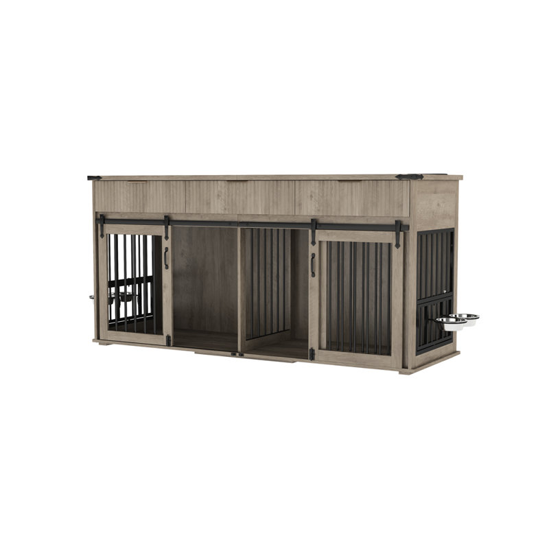 Cage double pour chien de style meuble avec 3 tiroirs, prise de courant de type C et distributeurs de nourriture rotatifs