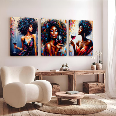 «Afro Woman with Wine Wine», ensemble de 3 reproductions d'art sur toile tendues sur toile