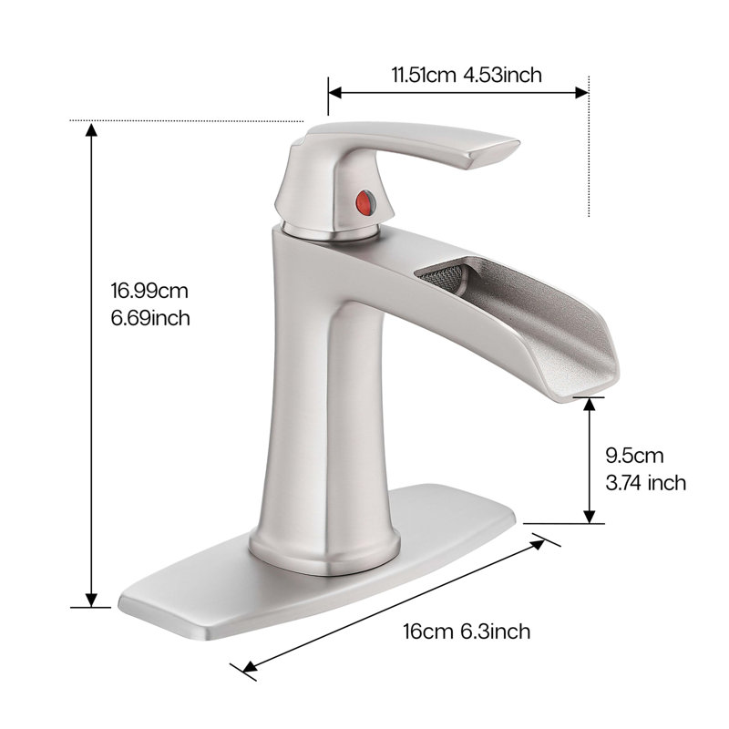 Robinet de salle de bain Waterfall avec bonde escamotable et plaque de pont, Nickel brossé