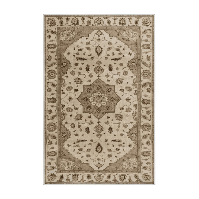 Machine Washable Tabriz Beige Area Rug, Rectangle 7' x 10'