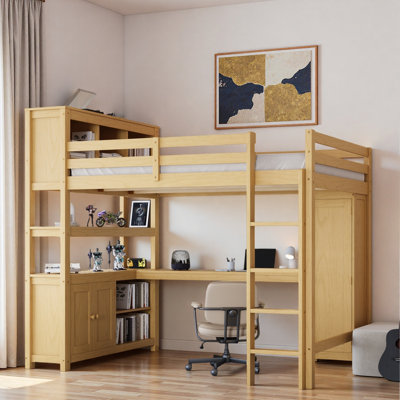 Wood Loft Bed With Cabinet, Bookshelf, Wardrobe And Desk