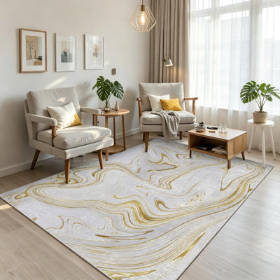Gold Machine Washable, Marble Marbling Abstract Indoor Area Rug