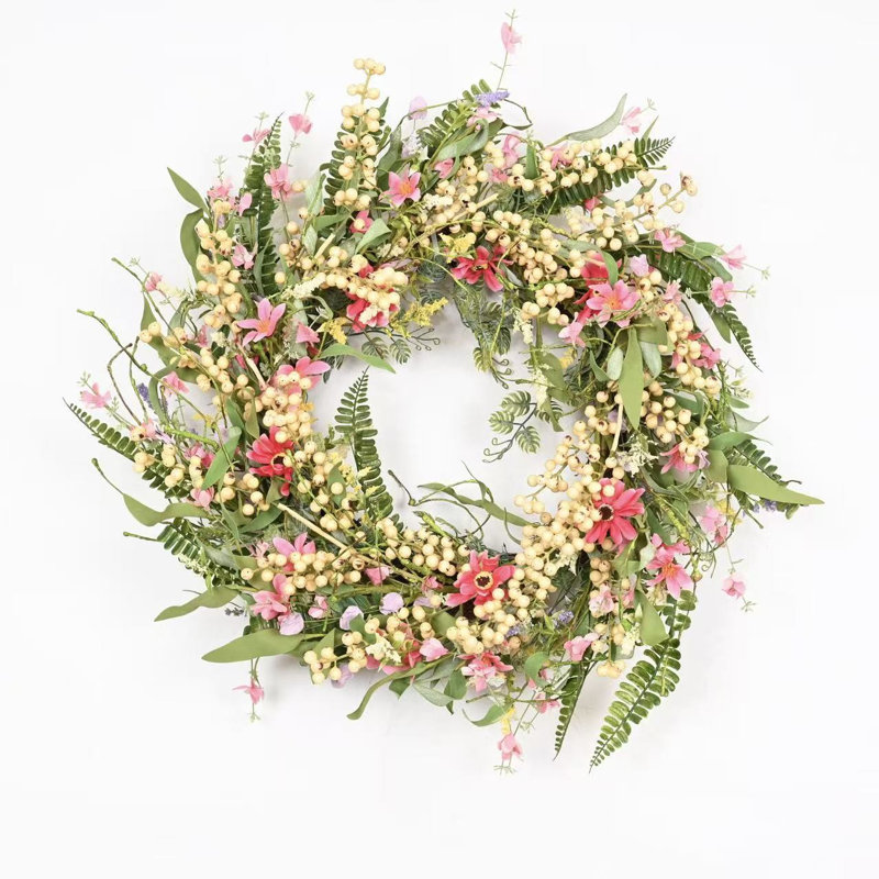 Couronne florale artificielle de 24 po en grappe de verdure, de baies, de fleurs sauvages et de marguerites pour la porte d'entrée