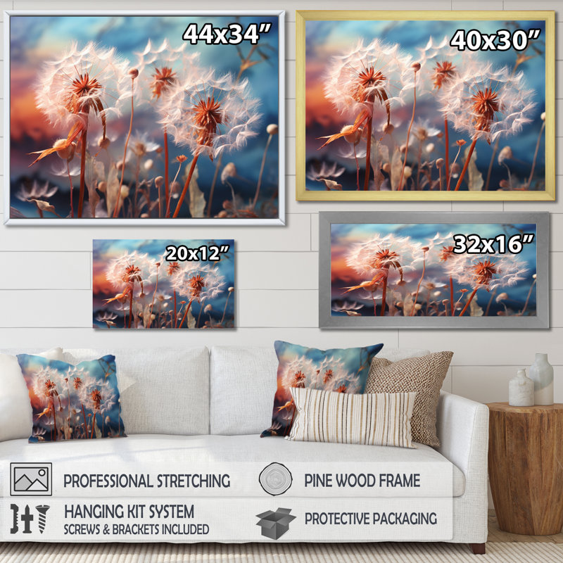 Blue Dandelion Dancing In The Morning III - Floral Wall Art Living Room, H 16 po x l 32 po, Cadre flottant noir