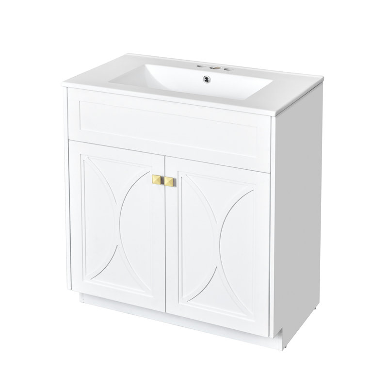 Meuble-lavabo 30 po avec lavabo en céramique, armoire de rangement autoportante moderne avec poignées dorées, portes à fermeture douce
