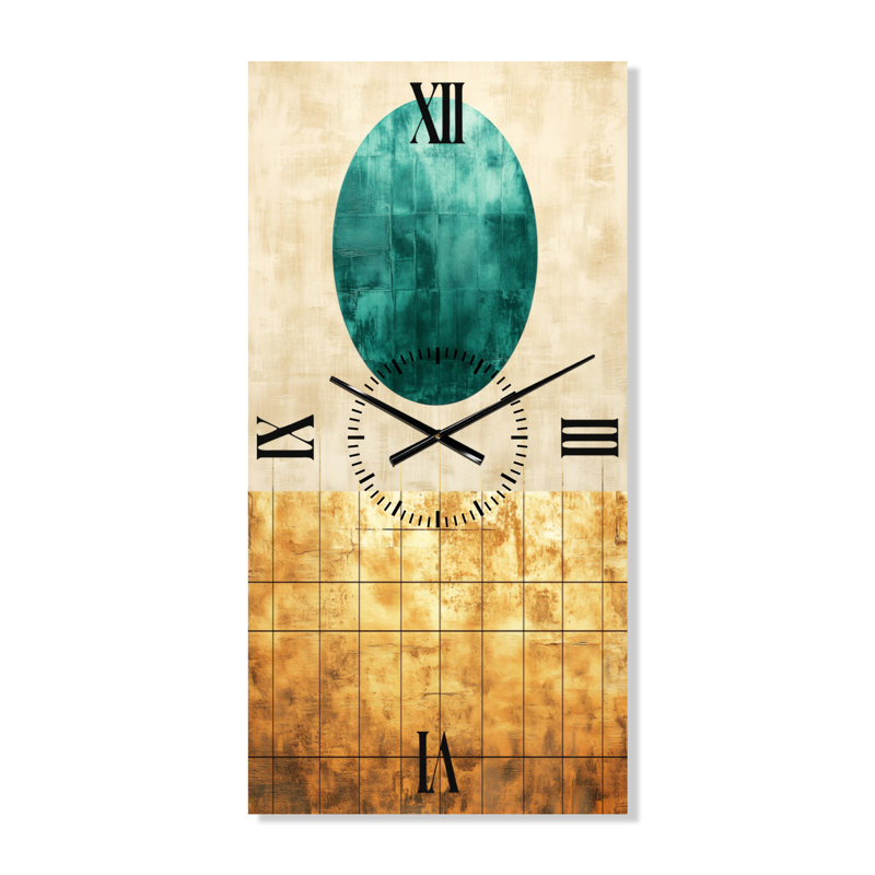 Horloge murale verte de style milieu du siècle - Soleil turquoise sur grilles dorées I, H 32 po x l 16 po - Rectangle