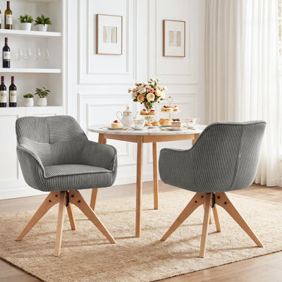 Mid-Century Modern Swivel Accent Chair, Corduroy Upholstered Dining Chair with Solid Wood Legs, 360° Rotating Leisure Armchair for Living Room, Bedroom & Home Office