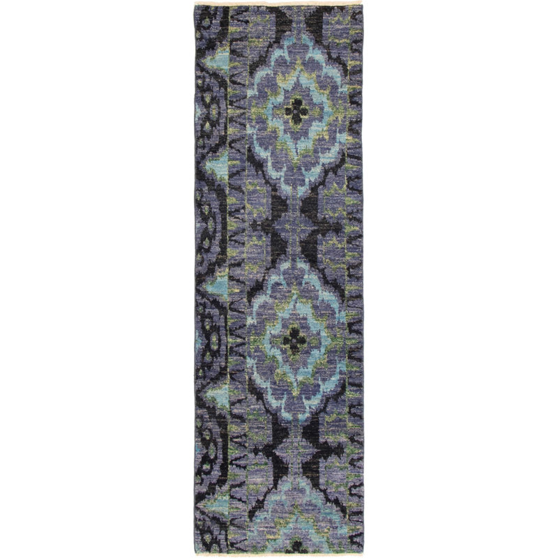 Tapis de couloir unique en laine noué à la main style Mogul des années 2010 de 2 pi 6 po x 10 pi 2 po bleu Raadhiya