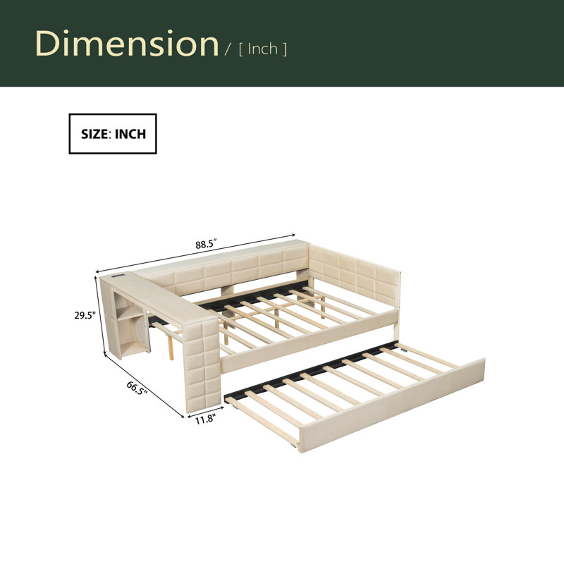 Lit plateforme double tapissier pleine grandeur avec tablettes de rangement, bureau, station de charge et lit gigogne, Beige