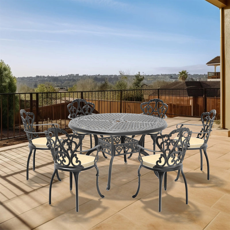7-Piece Set Of Cast Aluminum Patio Furniture With Black Frame And Off-White Seat Cushions(Same Sku: W1710S00397), 6
