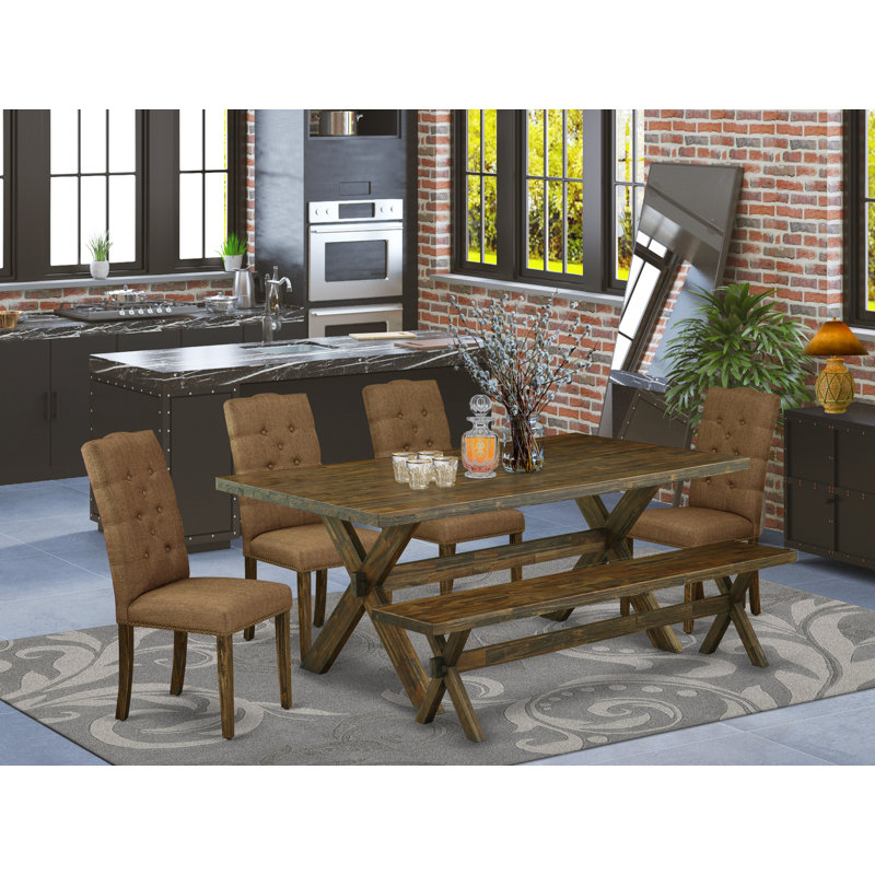 6 Piece Dining Table Set Contains a Rectangle Kitchen Table with X-Legs and 4 Brown Linen Fabric Parson Chairs with a Bench, Distressed Jacobean