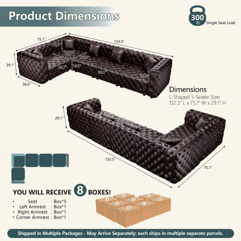 Ensemble de canapé moderne en forme de L, canapé modulaire rembourré en similicuir avec conception touffetée à la main pure, combinaison multiple pour le salon