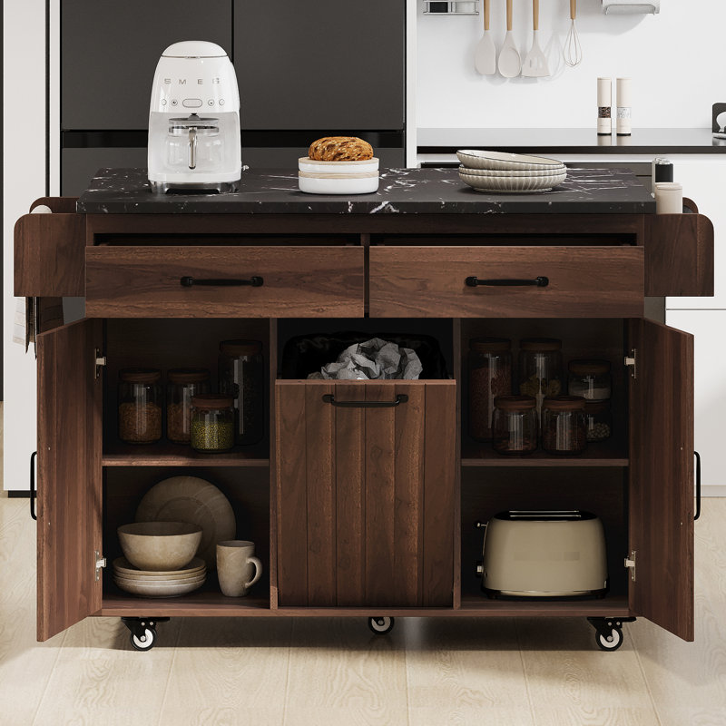 Chariot de cuisine avec armoire de rangement, poubelle inclinable, abattant, tablette ajustable, étagère à épices, chariot de luxe en noyer et rallonge - brun