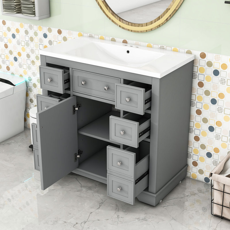 Meuble-lavabo sur pied simple 36 po avec plateau en céramique Miryea, Gris