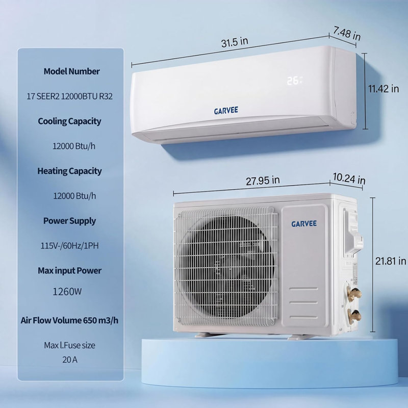 GarveeTech 0 BTU Ductless Mini Split Air Conditioner with Dehumidifier Function and Fan, with WiFi, 12000
