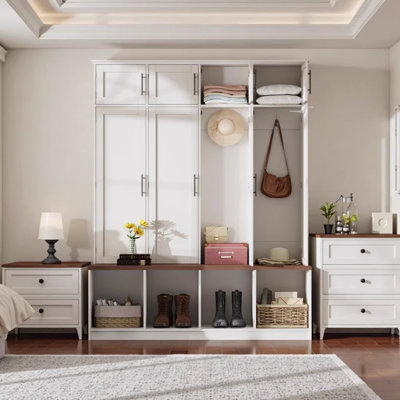 Arbre d'entrée de style campagnard avec 4 crochets cachés, banc polyvalent en noyer avec 8 portes, armoire à chaussures avec compartiment ouvert pour le salon, blanc