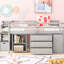 Lit mezzanine double gris avec bureau rétractable, 3 tiroirs, escalier de rangement et tablettes, construction solide, assemblage pratique, idéal pour l'organisation de la chambre à coucher avec des escaliers étagés, du bois de pin,-121927345