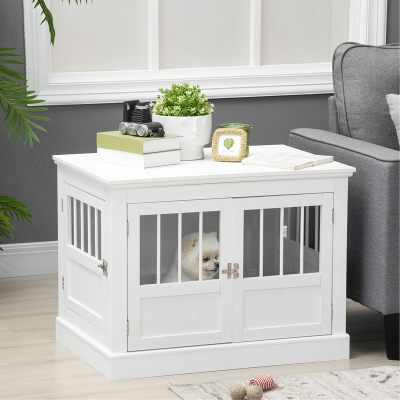 Petit mobilier de caisse pour chien. Plateau de table spacieux. Portes triples. . Blanc. 28,25 po de profondeur x 23,25 po de hauteur. Pour chiots, chenil, grand plateau de table pour chiens. Trois portes avec loquet. Largeur. Assemblage requis