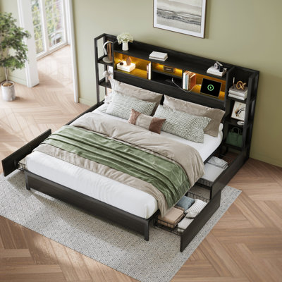 Bed Frame With 4 Storage Drawers, Built-In LED Lights & USB Charging Station, Side Bookshelf Storage