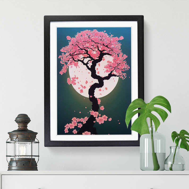 Cherry Blossom Tree Moon - Single Picture Frame Print, Black Framed, 46cm H x 34cm W x 2cm D
