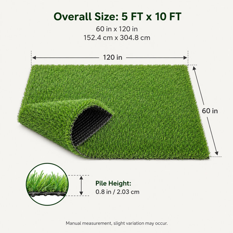 Gazon synthétique de 1,5 m x 3 m (50 pi²) avec une hauteur de poils de 2 cm (0,8 po), un support tissé noir en SBR, des trous de drainage et des accessoires d'installation.