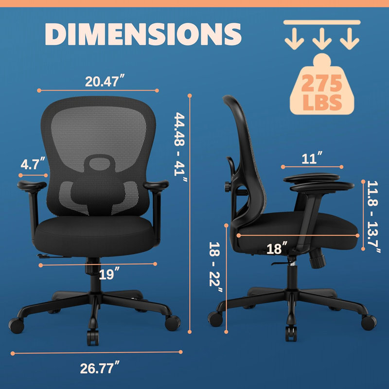 Ergonomic Office Chair - Mesh Back Home Desk Chair With Adjustable Lumbar Support, Built-In Springs Wide Seat, 3-D Big Armrests & Tilt Function (Computer Task Chair)